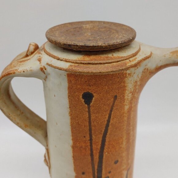 John Natale Vintage Pottery Brown Beige Clay Carafe with Cork Lid 7 Wine Cups - Picture 12 of 12